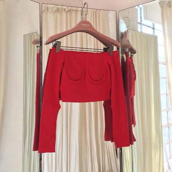 Orseund Iris Red Off shoulder Underwire Knit Top - Picture 2 of 14